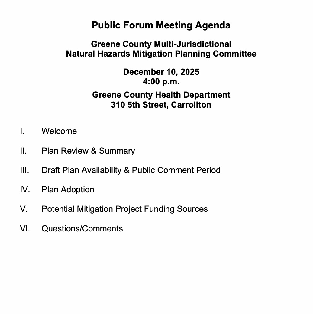 Public Forum Meeting Agenda Greene County Multi-Jurisdictional Natural Hazards Mitigation Planning Committee